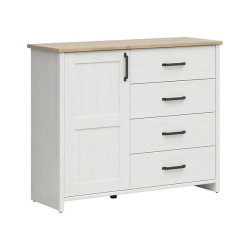 Komoda Loksa 120 cm z drzwiami i 4 szufladami sosna andersen biala/dab grandson