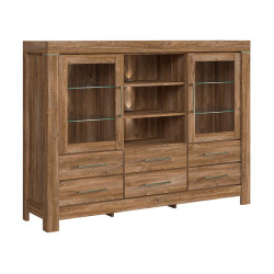 Komoda Gent 166 cm witryna z 2 drzwiami 6 szufladami i 3 polkami dab stirling