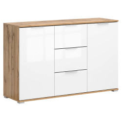 Komoda Zele 135 cm z 2 drzwiami i 3 szufladami dab wotan/bialy polysk