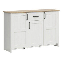 Komoda Loksa 148 cm z 3 drzwiami i szuflada sosna andersen biala/dab grandson